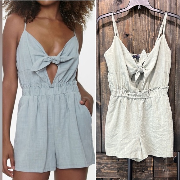 One Clothing Romper S Green Tie Knot Front Cotton Boho Stretch Casual Resortwear - Picture 1 of 10